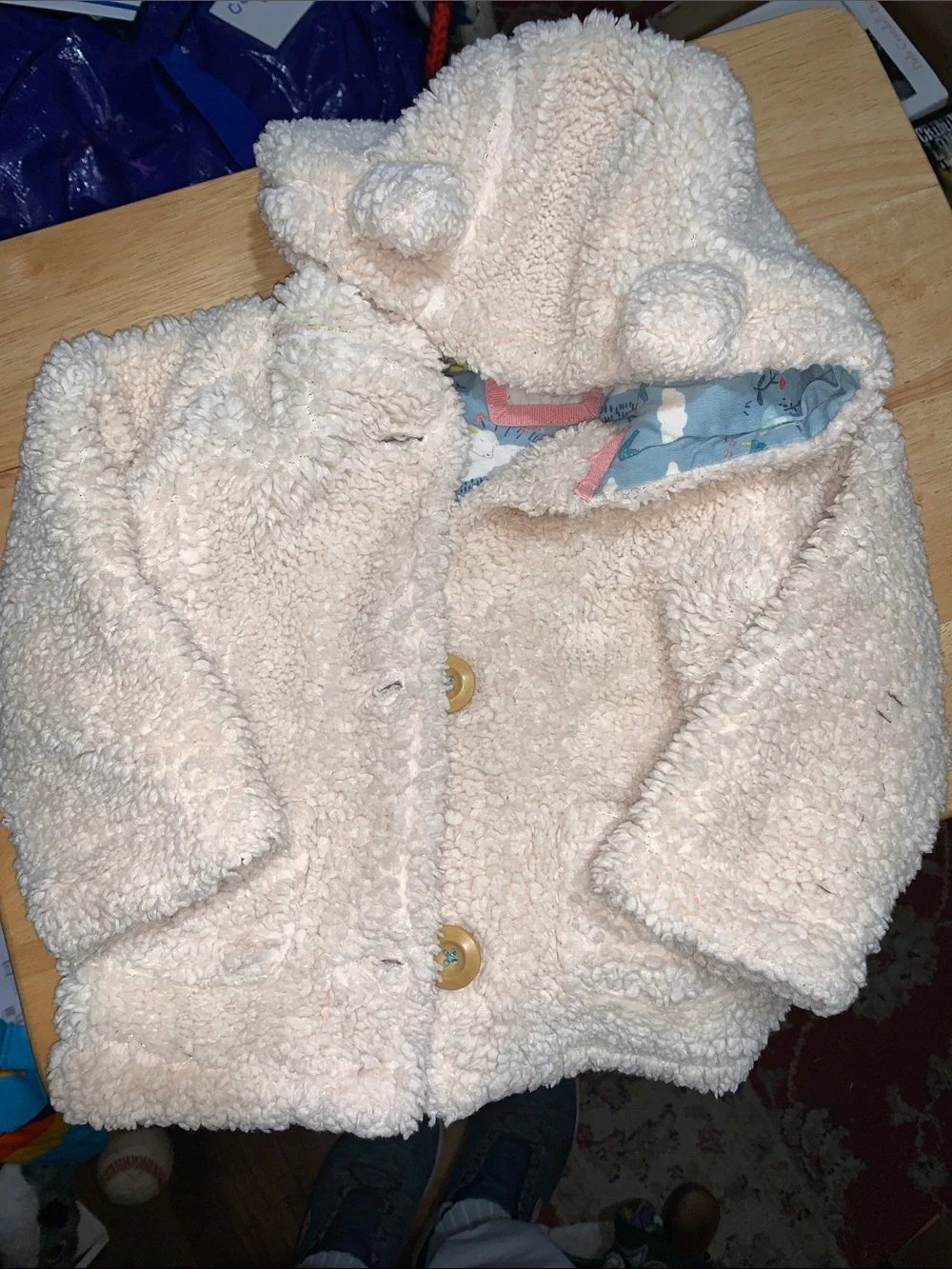 Baby Boden Cream Sherpa Hooded Puffer with Bear-Ear Hood